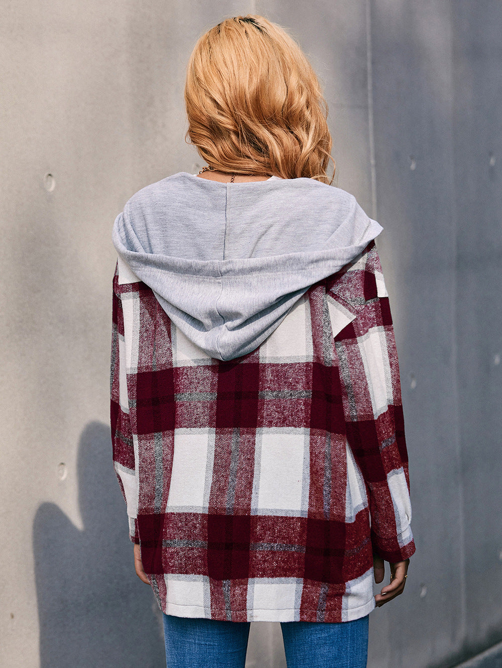 Plaid Dropped Shoulder Hooded Jacket